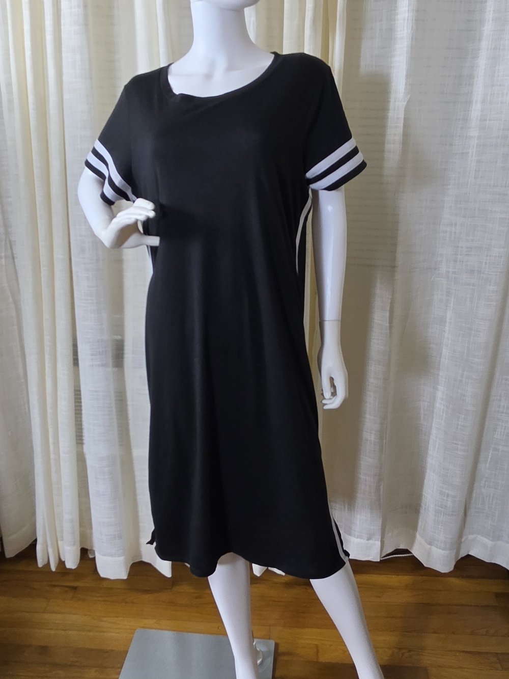 Black Midi T-Shirt Dress with White Stripe Detail